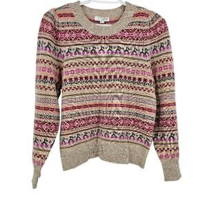 J.Crew Fair Isle Lambs Wool Sweater Pink Tan Crewneck Long Sleeve Pullover Sz XS